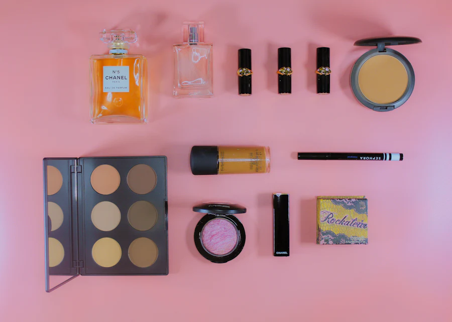 Flat lay of makeup and beauty products for all-day wear